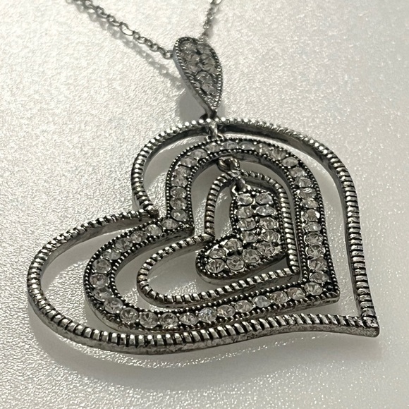 Rhinestone Layered Silver Tone Stacking Hearts Pendant Necklace - Picture 4 of 16